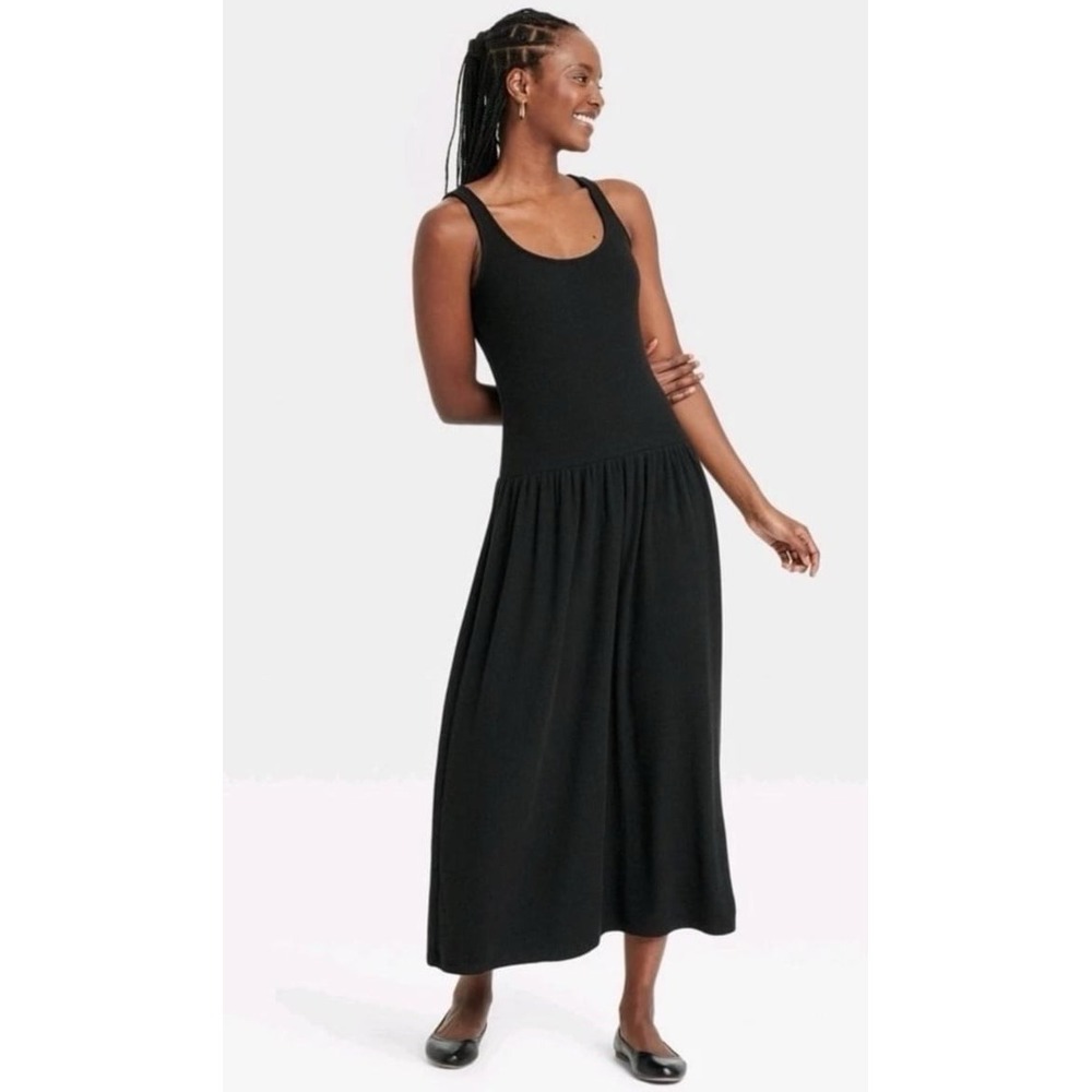 NEW Universal Thread Black Ribbed‎ Drop Waist Knit Midi Sleeveless Dress XL